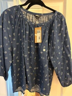 Eddie Bauer Navy Blue Button-Down Peasant Blouse with White Floral Print - NWT